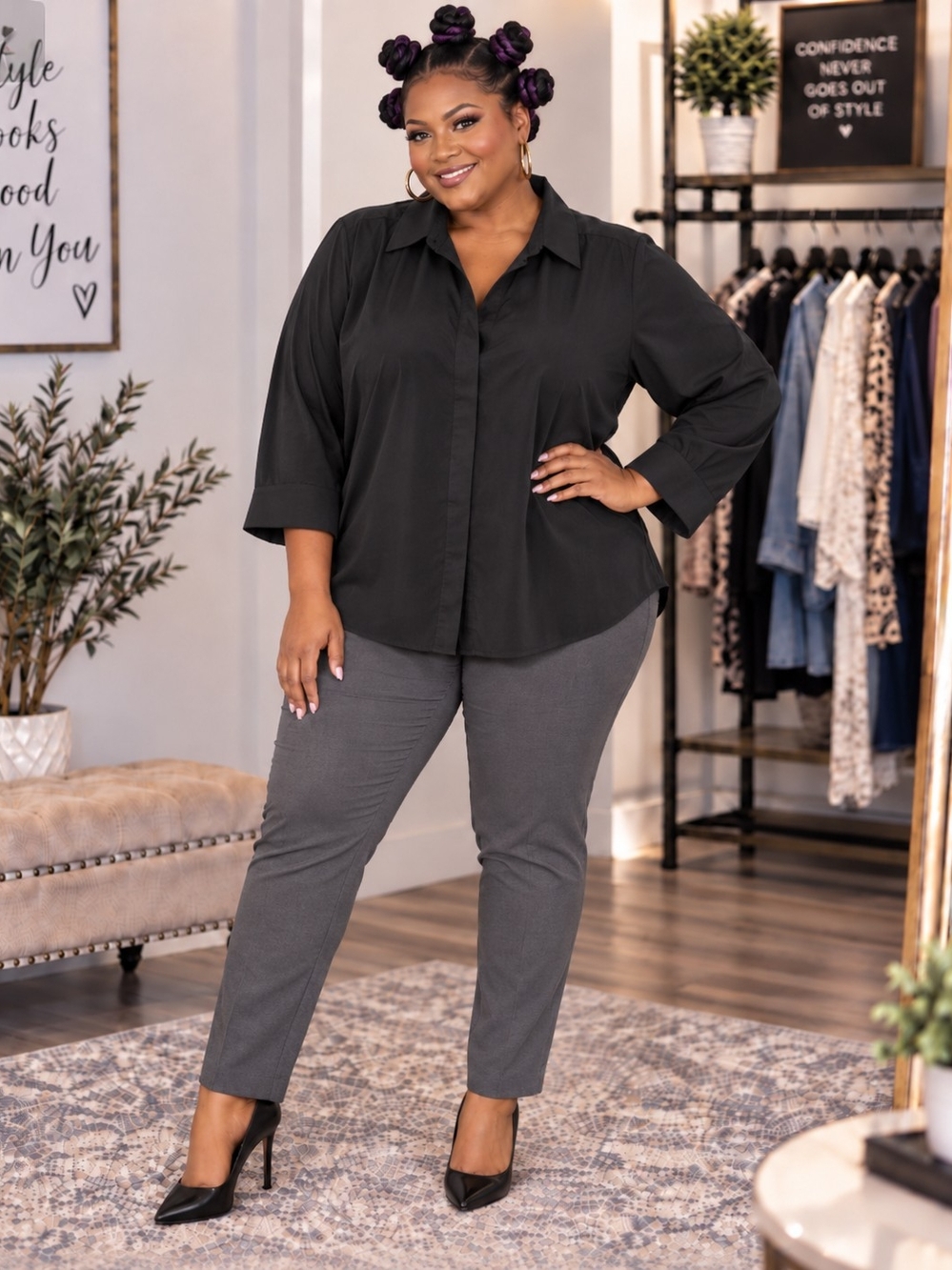 Plus Size Black Button-Front Blouse